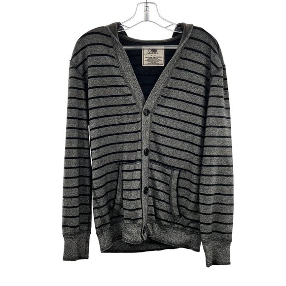 Chor Sweaters - CHOR Women's Hooded Cardigan Striped Gray/Black Button Up Size Large
